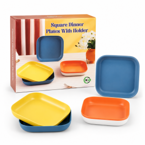Stylish 4-Piece Square Dinner Plates with Space-Saving Holder