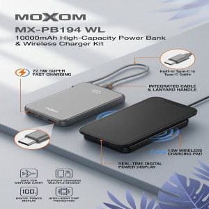 MOXOM MX-PB194 WL 10000mAh Power Bank – 22.5W Super Fast Charging with 15W Wireless Charging & Built-in Type-C Cable