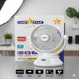 One Star OS-2570D Rechargeable Mini Fan with 9000mAh Battery & LED Light