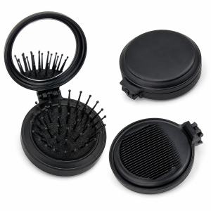 Vintage Black Mini Folding Pocket Hair Brush with Mirror & Comb