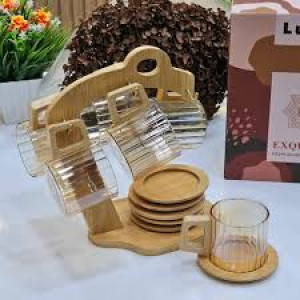 Glass mugs 6 pieces with a bamboo wooden stand