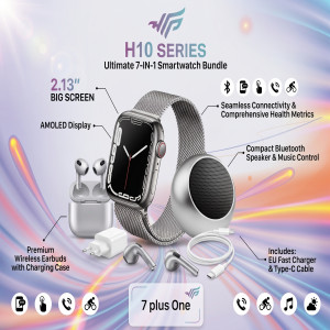 H10 Series Smartwatch Combo Pack – 2.13" AMOLED Display with Wireless Earbuds & Mini Speaker