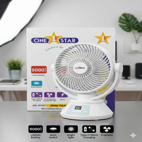 One Star OS-2570D Rechargeable Mini Fan with 9000mAh Battery & LED Light | Products | B Bazar | A Big Online Market Place and Reseller Platform in Bangladesh