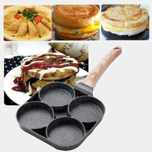 4 Hole Omelet Pan for Burger Egg Ham Pancake Maker Wooden Handle Frying Pan